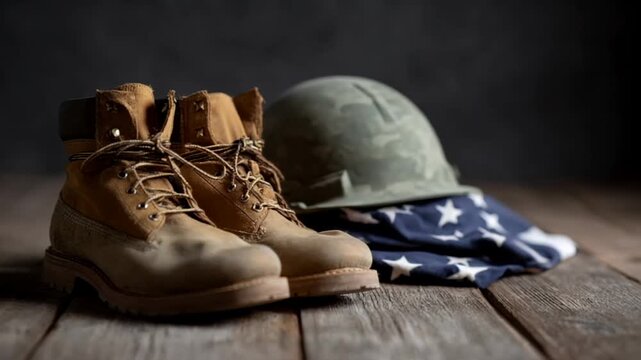 Weathered military boots and a helmet rest on a wooden surface, evoking themes of service and sacrifice, paired with an American flag symbolizing patriotism and remembrance