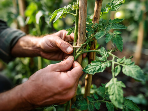 Gardening expert ties tomato plant to support stake for healthy growth during summer season