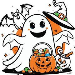 Playful kids Halloween doodle, bold thick outline, ghost with smile, pumpkin bucket with candy, friendly bat, witch hat character, cartoon line art vector