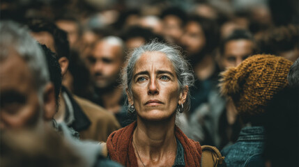 A middle-aged white woman looks tired and contemplative amidst a crowded scene, reflecting a sense of solitude and introspection in a bustling environment