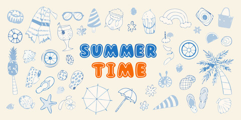 Diverse Hand- Drawn Summer Icons and 