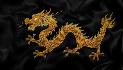 Golden Chinese dragon embroidery on black silk fabric