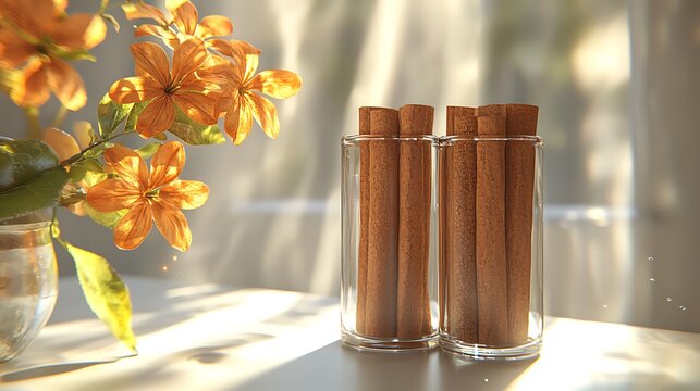 A beautiful photo of cinnamon sticks in glass jars alongside orange blossoms and soft natural lighting
