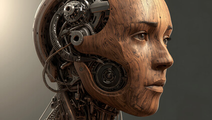 Close-up of humanoid robot with wooden face and exposed mechanical parts