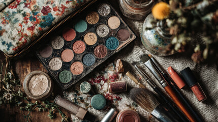 A flat lay of various makeup products including eyeshadow palettes, lipsticks, and brushes arranged artistically on a textured fabric with dried flowers