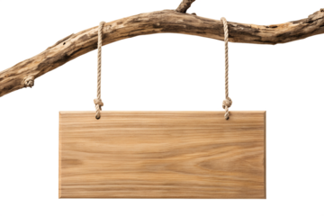 Rustic wooden blank sign, hanging from a tree branch by rope, isolated on white background, ideal for custom messages, advertisements, or decorative labels