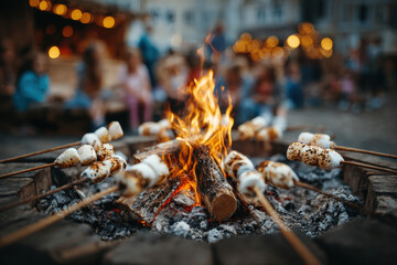 A lively camping scene with a bonfire where diverse people roast marshmallows on sticks, capturing a warm and joyful atmosphere during a summer gathering