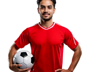 Smiling Soccer Athlete with Red Team Jersey and Ball Isolated PNG