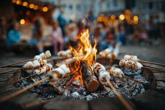 A lively camping scene with a bonfire where diverse people roast marshmallows on sticks, capturing a warm and joyful atmosphere during a summer gathering - Powered by Adobe