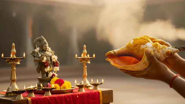 Varaha Jayanti  Hartalika Teej  Ganesh Chaturthi  Samvatsari Balarama Jayanti Indian Festival Rituals with Conch Shell and Diyas