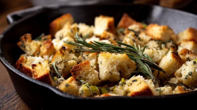Golden-brown stuffing in cast iron skillet, rustic and cozy vibe, ideal for Thanksgiving gatherings or holiday feasts, garnished with fresh rosemary sprigs, seasoned with herbs