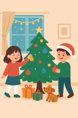 Flat vector illustration of children decorating a Christmas tree at home during the holiday season.