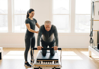 Physical therapist helping senior man with pilates reformer exercise