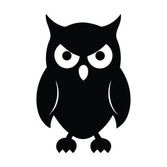 A black owl with big eyes and a white background