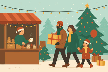  Vector illustration of people shopping at Christmas market stalls during winter holidays.