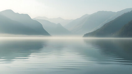 A still lake perfectly reflects a range of misty mountains at sunrise.