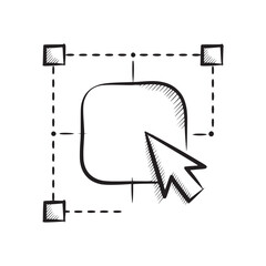 A hand drawn illustration of a selection tool with a cursor and dotted lines in black and white