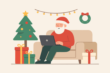Santa Claus sitting with a laptop preparing Christmas gifts.