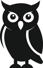 A black owl with big eyes and a white background