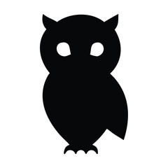 A black owl with big eyes and a white background