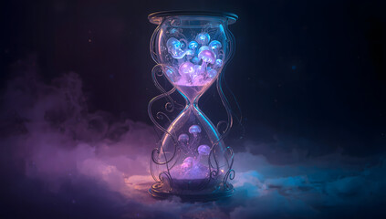 Glowing jellyfish inside a glass hourglass with mystical light and smoke