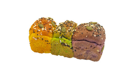 wholemeal bread resh buns with different seeds on white background. 