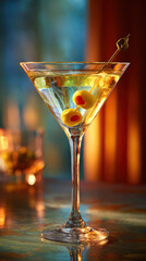 Classic dry martini with green olives