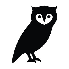 A black owl with big eyes and a white background