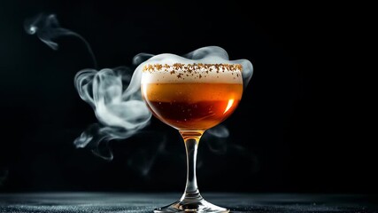 A sophisticated and mysterious smoky cocktail, an amber-hued drink in an elegant coupe glass with a sugared rim, set against a dark, dramatic background - Powered by Adobe