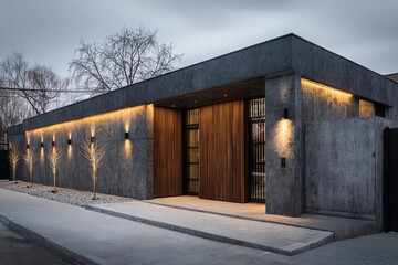 Fototapeta premium Modern architectural design of a concrete and wood building with warm lighting at sunset