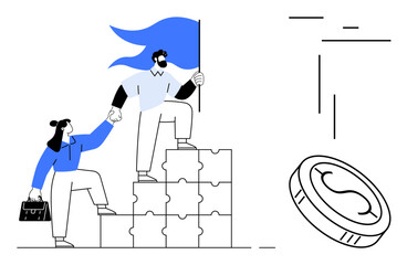 Two people standing atop completed puzzle blocks, holding hands, one waving a flag, with a coin in view. Ideal for teamwork, leadership, success, problem-solving, growth strategy simple landing