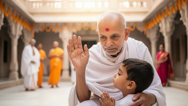 Elderly Man Blessing Child at Indian Religious Festival Varaha Jayanti  Hartalika Teej  Ganesh Chaturthi  Samvatsari  Balarama Jayanti Celebrations