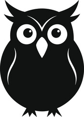 A black owl with big eyes and a white background