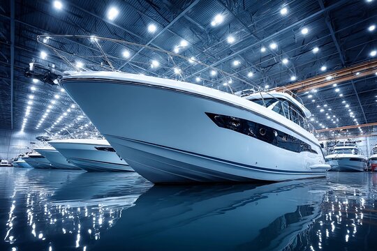 Luxury boats displayed in a spacious marine showroom during nighttime
