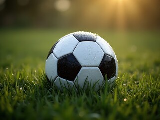 Black and white colour football on the green grass