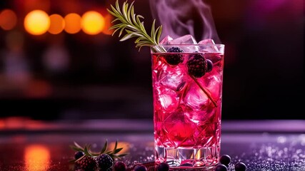 Exotic magenta cocktail featuring a unique smoky presentation, garnished with fresh berries and an aromatic herb sprig, set against a stylish bar backdrop - Powered by Adobe