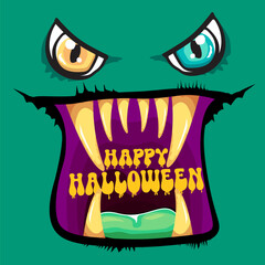 Funny zombie character vector illustration with big eyes and open mouth showing rotten teeth, Happy Halloween text inside, green skin, yellow letters, party invitation, poster, greeting card design