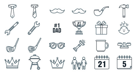 Outlined father's day themed icons arranged in a grid formation style