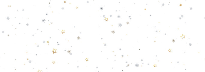 Festive winter background with gold stars and silver snowflakes on white. Perfect for holidays!