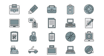 A collection of office supplies and equipment in grayscale illustrations