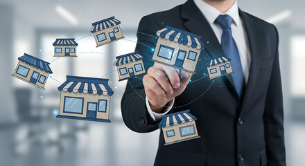 Business expansion concept with interconnected shops franchise stores