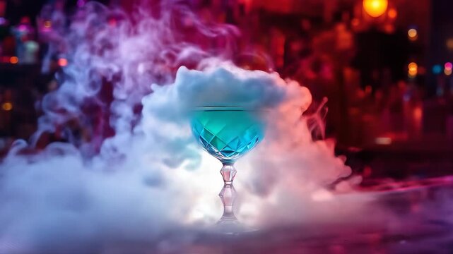 Captivating blue cocktail shrouded in mystical dry ice fog, creating an enchanting and sophisticated drinking experience in a dim bar setting