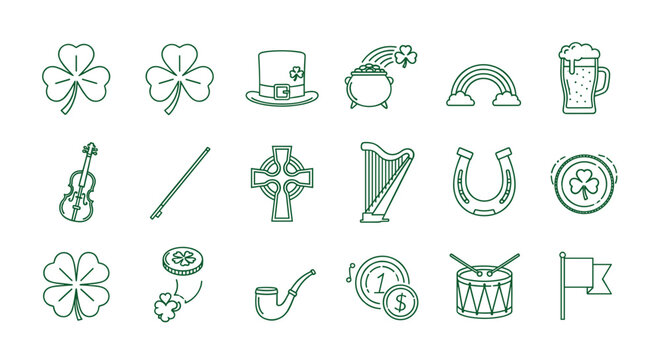 Outline st patrick's day icons including shamrocks, harp and gold pot