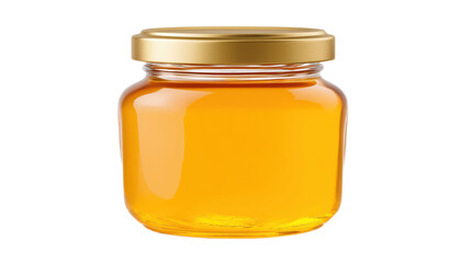 Glass jar of golden honey with lid, photorealistic PNG isolated on transparent background, natural soft lighting.