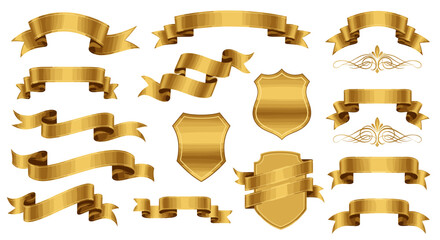 Collection of golden ribbons and shields on a white background view
