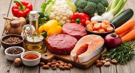 A vibrant assortment of fresh foods including meats fish vegetables and healthy oils