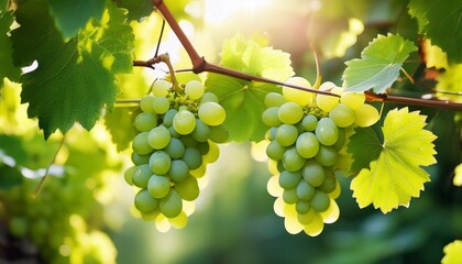 Fototapeta premium fresh green grapes on vine surrounded by lush foliage in bright natural light