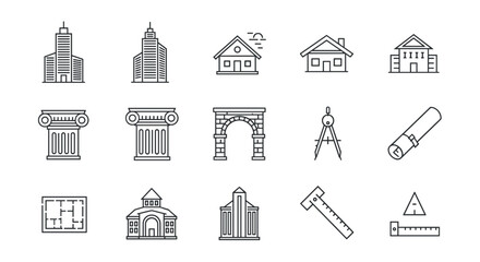 Fototapeta premium Architectural drawings featuring buildings, columns and drafting tools