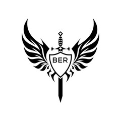 BER "Warrior Shield and Sword Emblem with Wings Logo," BER Later Logo, "Black Tribal Winged Sword Crest Vector,"

