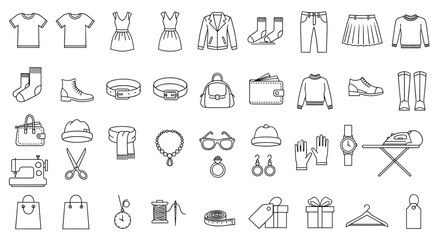 Outline drawing of assorted clothing items and fashion accessories laid out